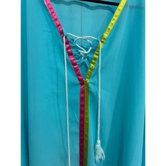 Fig & Vine XL Pom-Pom Trim Sheer Kaftan Teal Multicolor Satin Tie Cover-Up - Picture 5 of 11